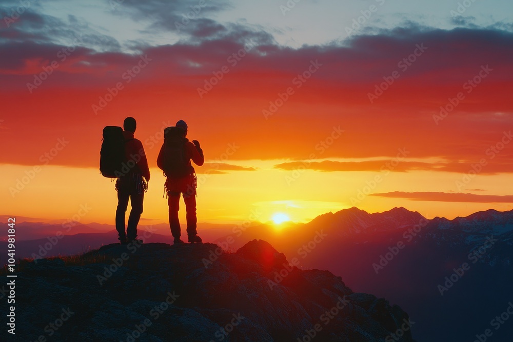 Teamwork Silhouette at Sunset Over Mountains