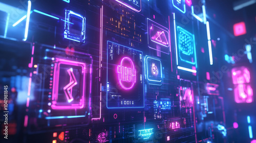 Include neon signs with futuristic symbols, abstract designs, or digital messages. These signs could be floating in mid-air or attached to structures, adding a sense of modern, tech-driven energy. 