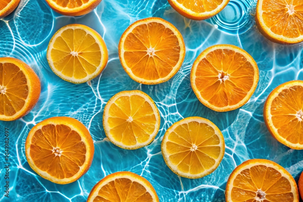 Orange Slices Floating in Water on Blue Background - Fresh and Vibrant Tropical Aesthetic for Food Photography Orange Slices Floating in Water on Blue Background - Fresh and Vibrant Tropical Aesthetic for Food Photography