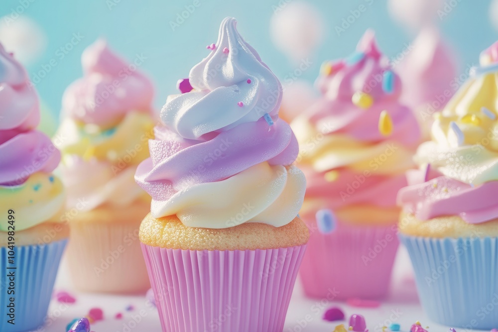 Whimsical Dessert Scene with Colorful Cupcakes Whimsical Dessert Scene with Colorful Cupcakes