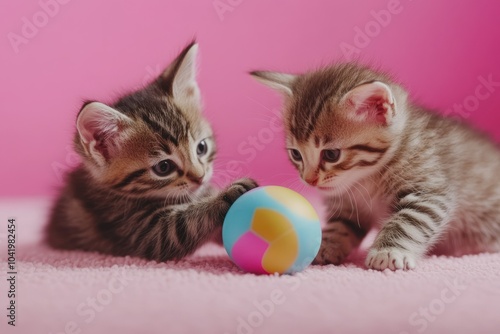 Cute Kittens Playing with Colorful Ball on Pink Surface