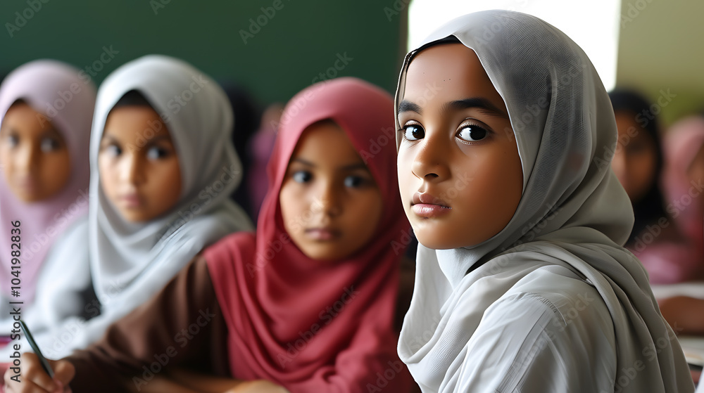 A group of Muslim girls are sitting at school desks in the classroom. Girls in hijabs during the lesson. A group of Muslim girls are sitting at school desks in the classroom. Girls in hijabs during the lesson.