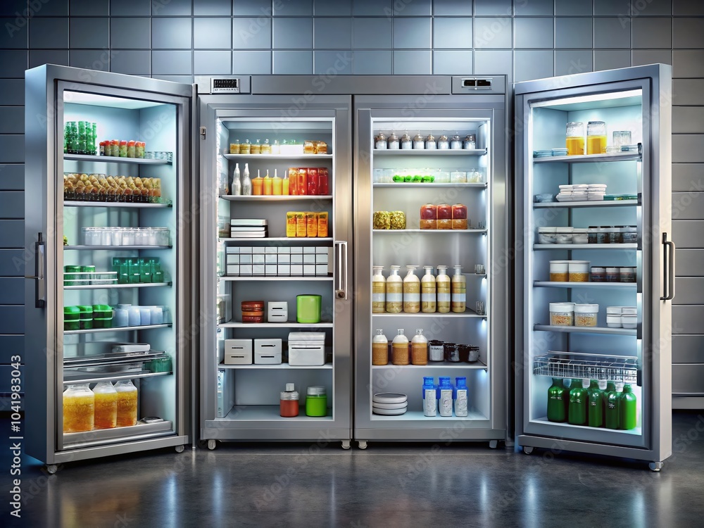 Organized Medical Refrigerator with Labeled Containers and Medicine Bottles in Clinical Setting Organized Medical Refrigerator with Labeled Containers and Medicine Bottles in Clinical Setting