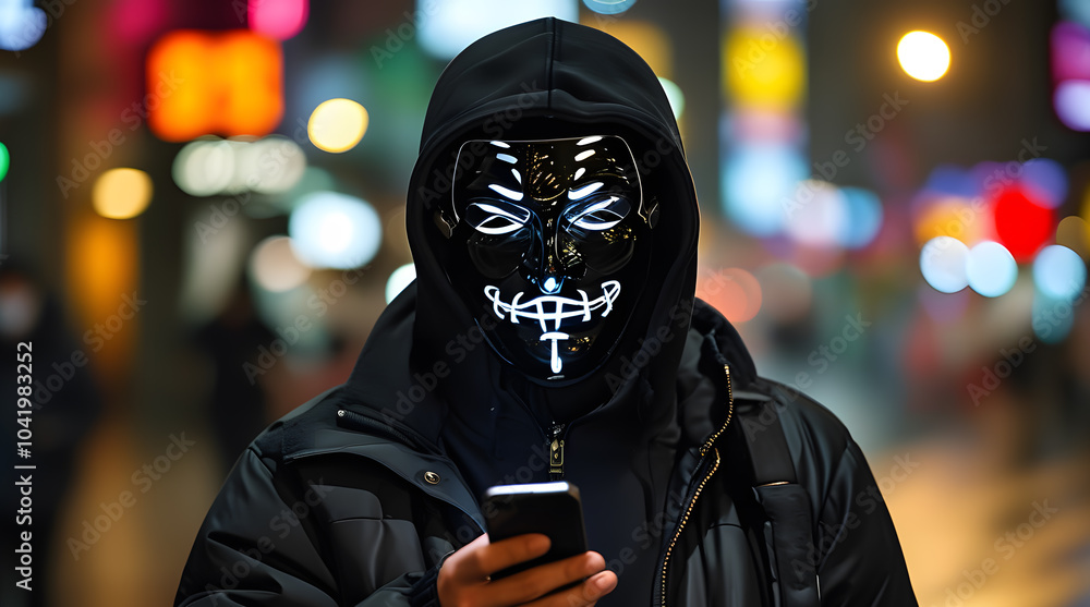 A bandit with a phone in his hands. Phone fraud. Cybercrimes. The concept of a secure Internet network and communication. A bandit with a phone in his hands. Phone fraud. Cybercrimes. The concept of a secure Internet network and communication.