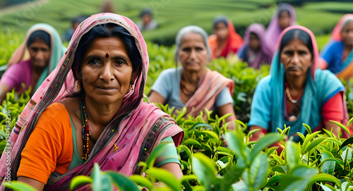 Indian women on a tea plantation harvest tea. Collecting tea leaves.