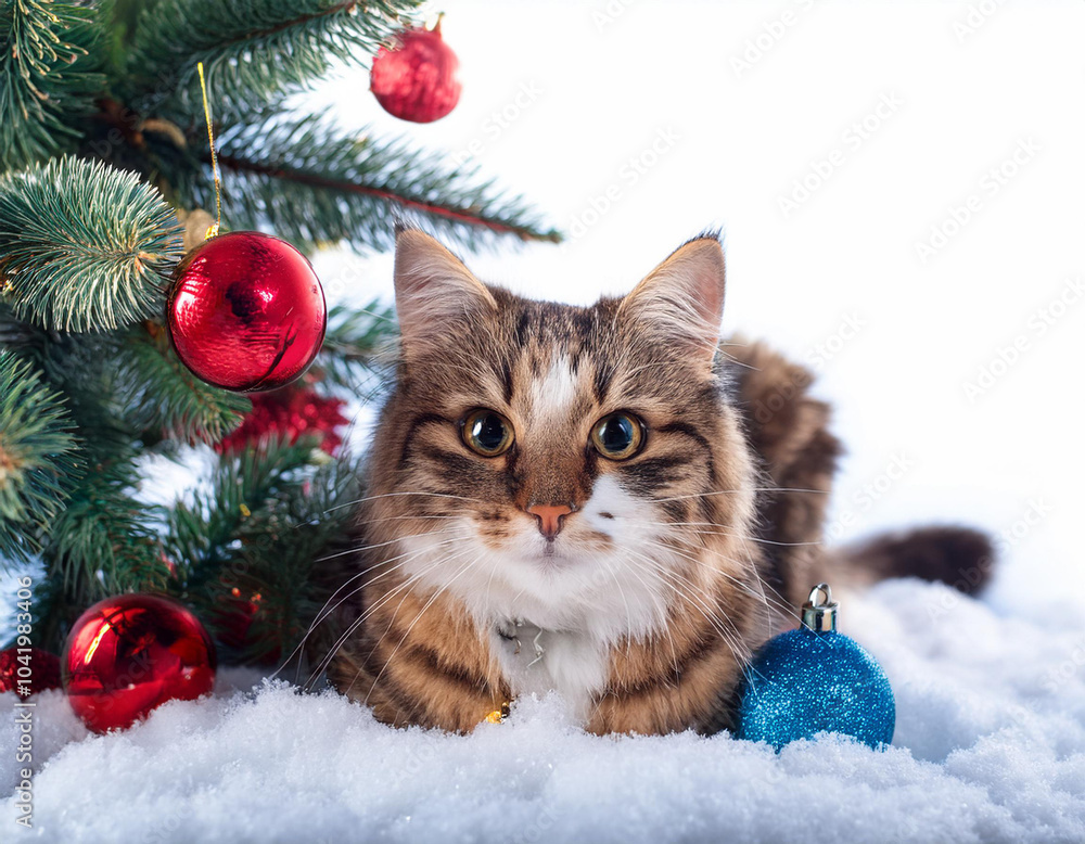 cat, with, christmas, decorations and tree covered by snow iii 65707 cat, with, christmas, decorations and tree covered by snow iii 65707