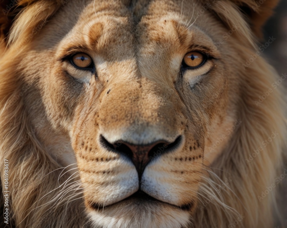 Naklejka premium Close-up portrait of majestic lion. Amazing scene of wild animals