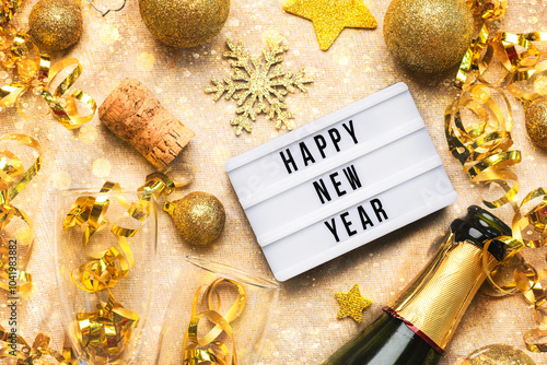 Happy new year 2025.Top view of lightbox with the word Happy new year 2025,crystal glasses and golden christmas balls. New Years Eve celebration concept background