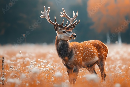 Spotted Deer in Autumn Field with Blurred Background photo