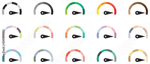 Dashboard colorful speedometer icons set. Tachometer icon isolated. Performance indicator sign. Car speed. Fast internet speed sign. Tachometer, speedometer, indicators, score. Customer satisfaction.