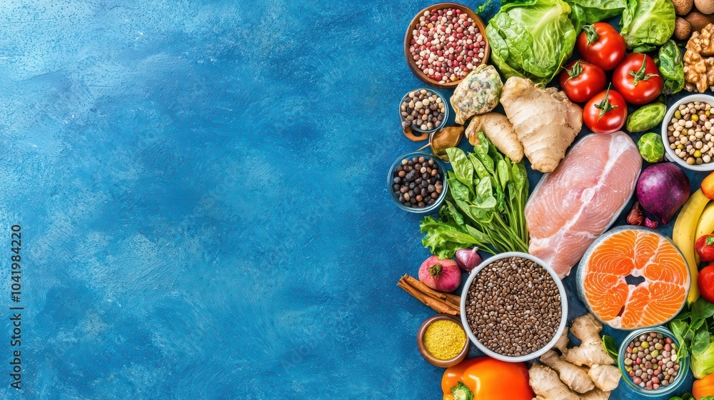 A colorful array of fresh vegetables, fruits, and grains on a textured blue background. A colorful array of fresh vegetables, fruits, and grains on a textured blue background.