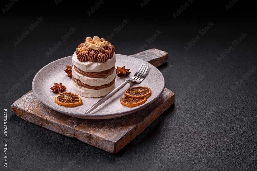 Sweet puff tart with meringue, cream and nuts Sweet puff tart with meringue, cream and nuts
