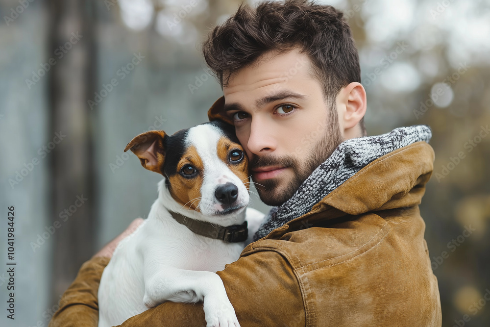 A man is holding a white and brown dog A man is holding a white and brown dog