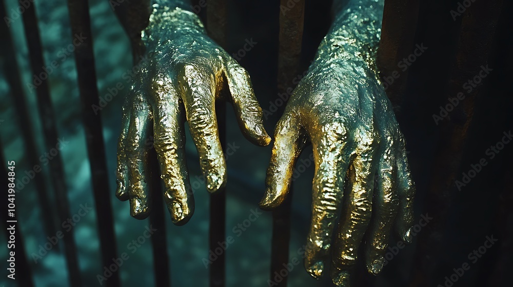 Close up of bronze sculpture of hands reaching through bars. Close up of bronze sculpture of hands reaching through bars.