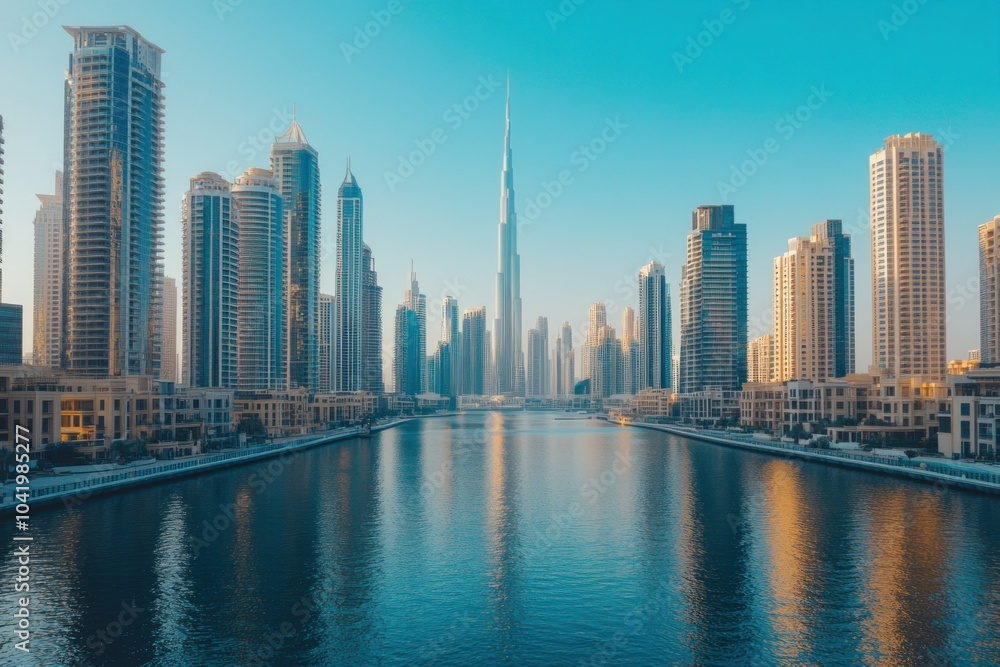 Naklejka premium Stunning View of Modern Skyscrapers by the River