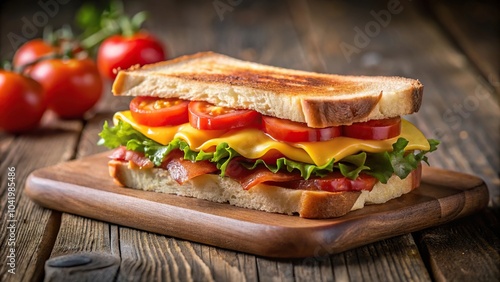 Delicious sandwich with cheese, bacon, and tomatoes in forced perspective