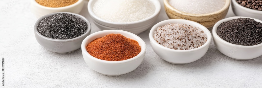 Variety of Salts and Spices in Small White Bowls on a White Background Variety of Salts and Spices in Small White Bowls on a White Background