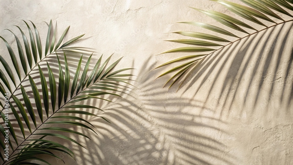Shadow of palm tree leaf branches on light abstract wall background aerial view Shadow of palm tree leaf branches on light abstract wall background aerial view