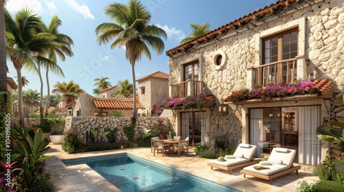 Stone villa with rustic charm, vibrant flowers, and palm trees surrounding a tranquil pool creates a serene and picturesque getaway setting in a tropical landscape