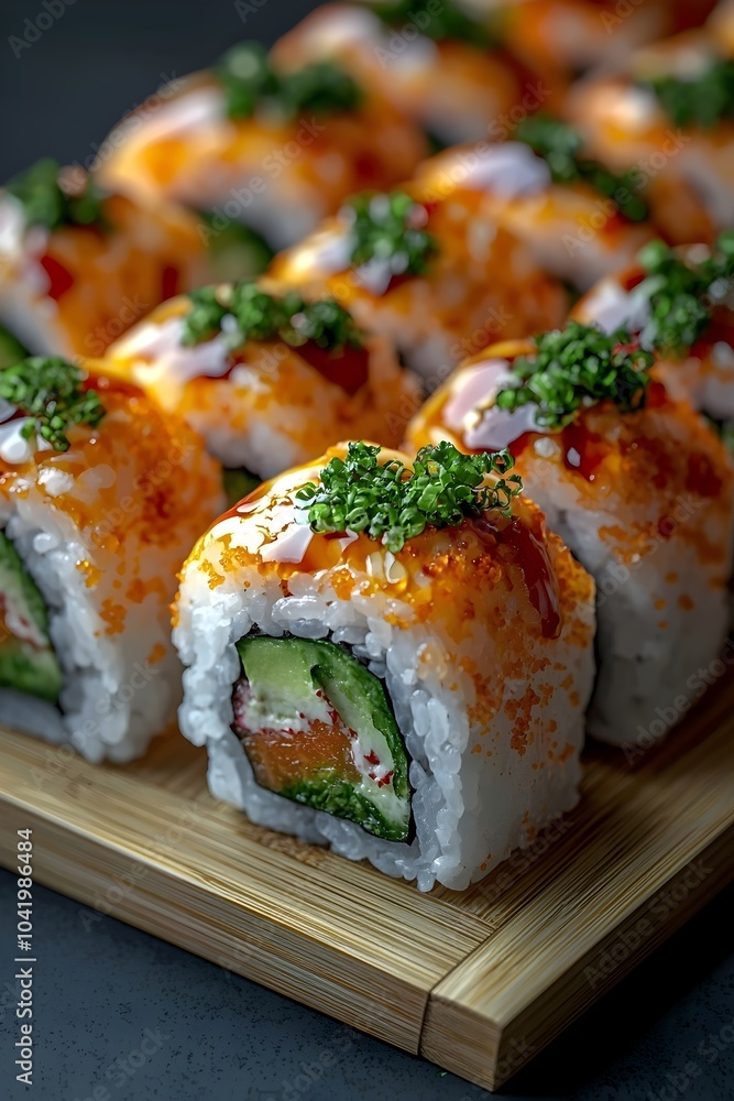 Delicious sushi rolls on a wooden platter, showcasing vibrant colors and fresh ingredients. Perfectly crafted with attention to detail and presentation.