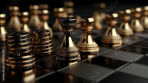 The idea of financing a business project. Generic golden coins and pawns are depicted in 3D on a black background.
 photo