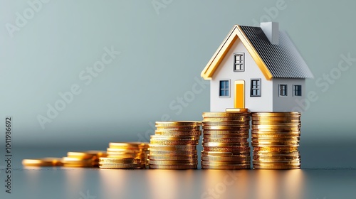  Home model on coins, financial growth concept.Empty space for entering text.