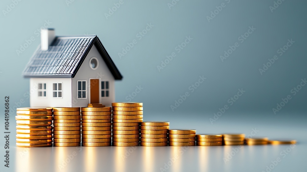 House model on a stack of golden coins. House model on a stack of golden coins.