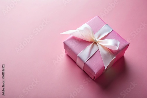 pink gift box with white ribbon on pink background