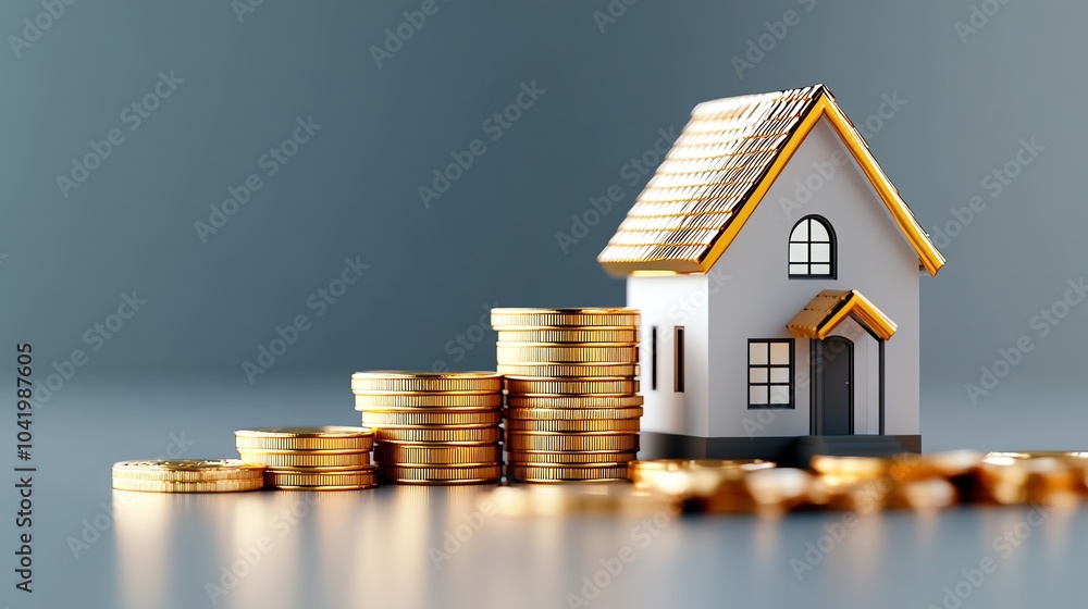 House model with stacks of coins, gray backdrop House model with stacks of coins, gray backdrop