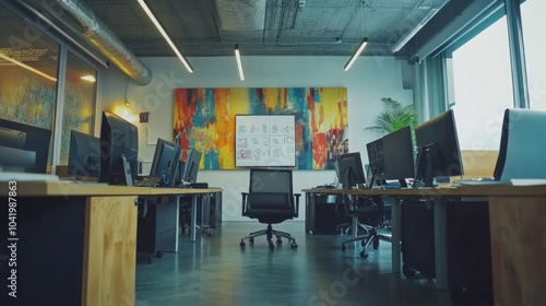 A modern creative agency's empty conference room for team meetings, featuring computer desks and artwork on the walls. Project Plan Presentation in an Office Setting on a Digital Whiteboard Display