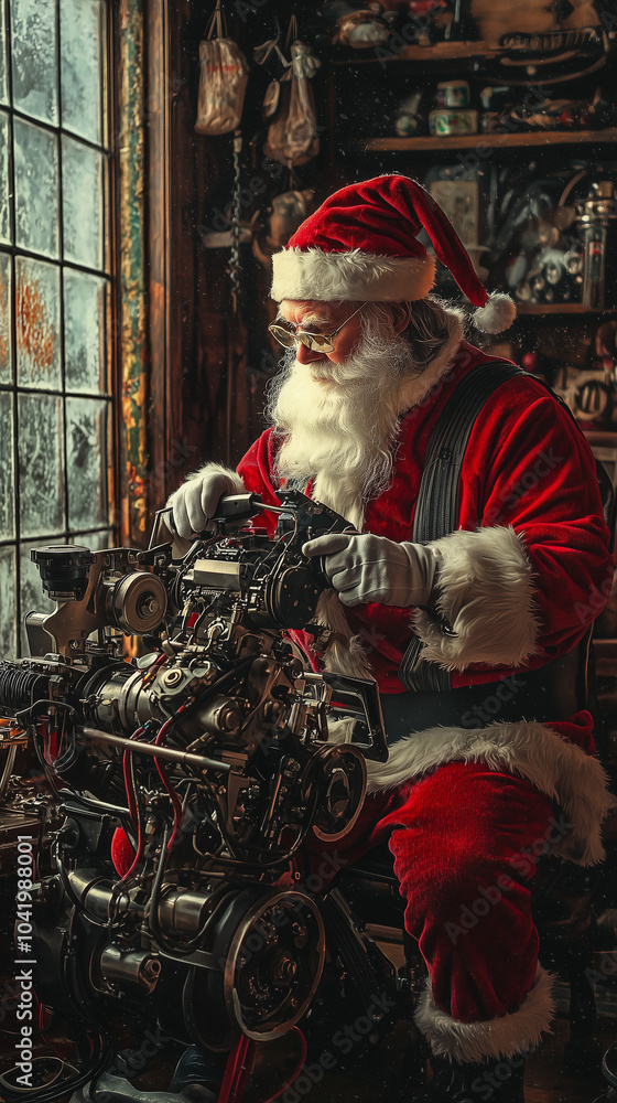 Fototapeta premium Santa Claus Fixing Vintage Engine in Workshop 