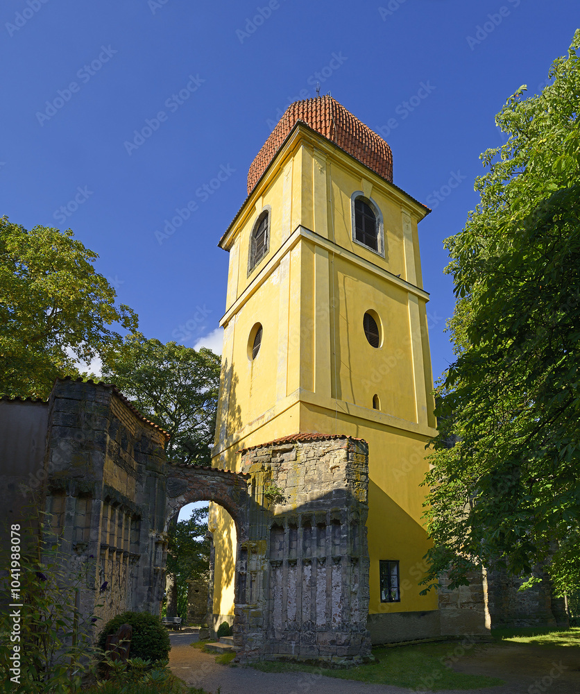 The unfinished Church of the Virgin Mary is an unfinished high-Gothic building with a completed Baroque bell tower from a later period in Panensky Tynec, Bohemia, Czech Republic.