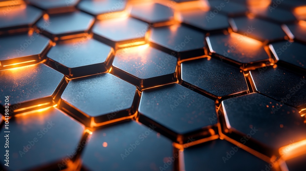 A visually striking arrangement of hexagonal shapes presented in a futuristic style, featuring glowing orange highlights that accentuate its dimensionality. A visually striking arrangement of hexagonal shapes presented in a futuristic style, featuring glowing orange highlights that accentuate its dimensionality.