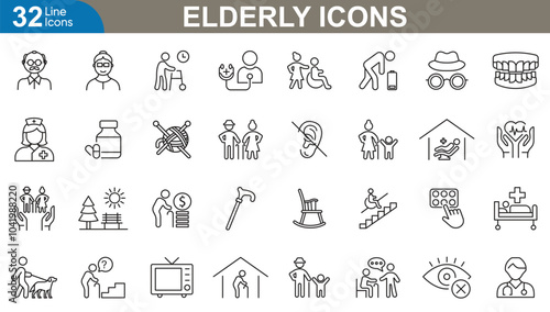 Elderly outline icons set. Grandfather, golden age, senior, generation, grandmother, health, retirement and more. vector illustrator.