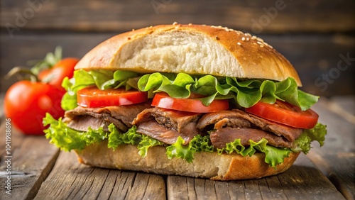 Delicious steak sandwich on a roll with fresh lettuce and tomato