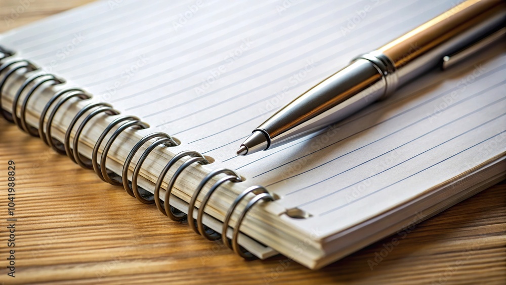 Spiral notebook and pen on desk background extreme close-up Spiral notebook and pen on desk background extreme close-up
