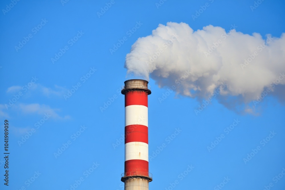 Red and White Striped Chimney with Smoke Against a Blue Sky Red and White Striped Chimney with Smoke Against a Blue Sky