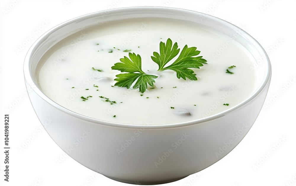 A bowl of creamy mushroom soup, isolated on white, with a sprig of parsley on top A bowl of creamy mushroom soup, isolated on white, with a sprig of parsley on top