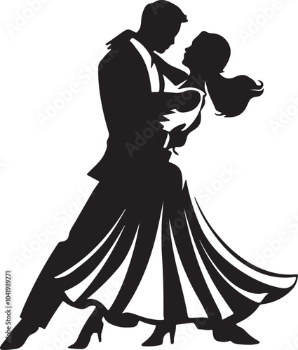 A vector-style illustration of a silhouette of a couple dancing in a romantic embrace. The man has his arms around the woman wearing a white dress. The background is white. 

