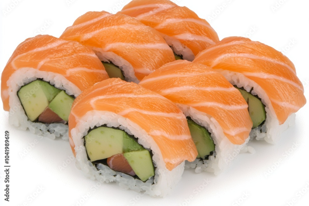 A classic sushi roll with salmon and avocado, isolated on white, showcasing rice and seaweed wrap A classic sushi roll with salmon and avocado, isolated on white, showcasing rice and seaweed wrap