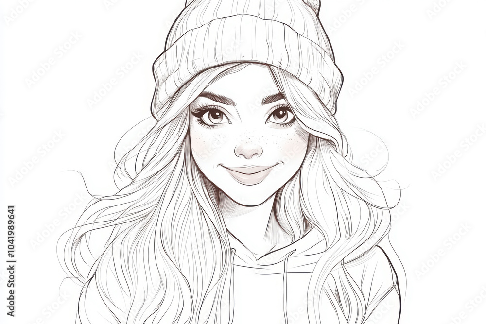Illustration of a smiling young girl with long flowing hair, wearing a beanie and hoodie, with a soft and cheerful expression. Copy space Illustration of a smiling young girl with long flowing hair, wearing a beanie and hoodie, with a soft and cheerful expression. Copy space