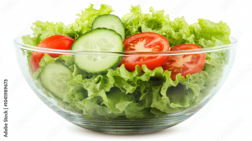 A clear glass bowl filled with green salad leaves, isolated on white, with tomatoes and cucumbers visible A clear glass bowl filled with green salad leaves, isolated on white, with tomatoes and cucumbers visible