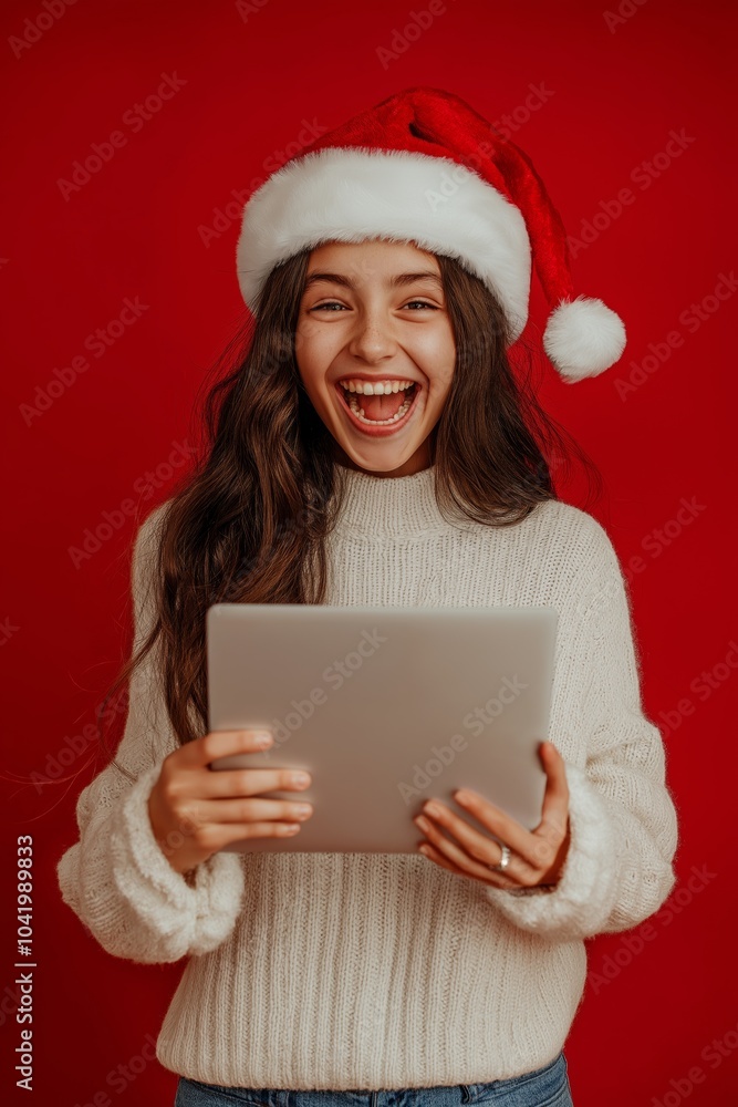 A woman is holding a tablet and smiling. She is wearing a red hat and a white sweater A woman is holding a tablet and smiling. She is wearing a red hat and a white sweater