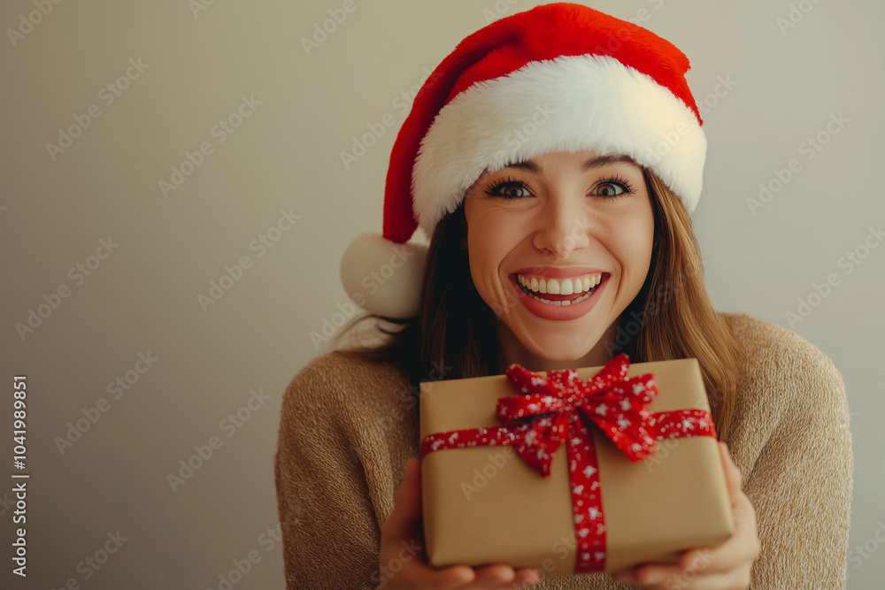A woman is holding a brown box with a red bow on it, wearing a red and white Santa hat. She is smiling and she is happy A woman is holding a brown box with a red bow on it, wearing a red and white Santa hat. She is smiling and she is happy