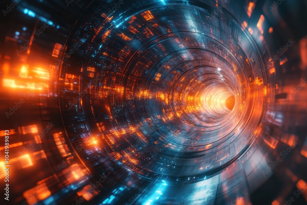 Abstract futuristic tunnel with glowing lights in vibrant orange and blue colors Abstract futuristic tunnel with glowing lights in vibrant orange and blue colors