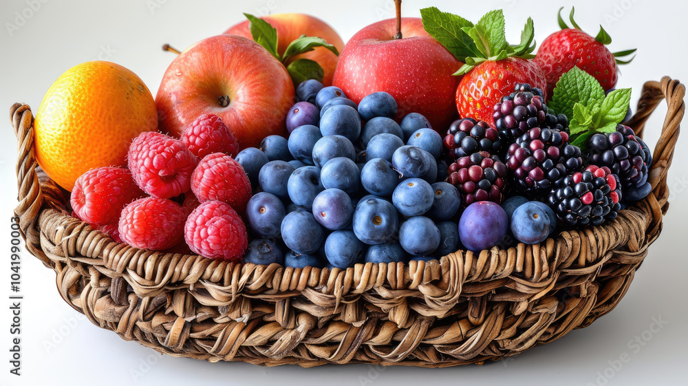 A vibrant assortment of fresh fruits in a woven basket isolated on white background, showcasing apples, berries, and citrus for a healthy lifestyle. A vibrant assortment of fresh fruits in a woven basket isolated on white background, showcasing apples, berries, and citrus for a healthy lifestyle.