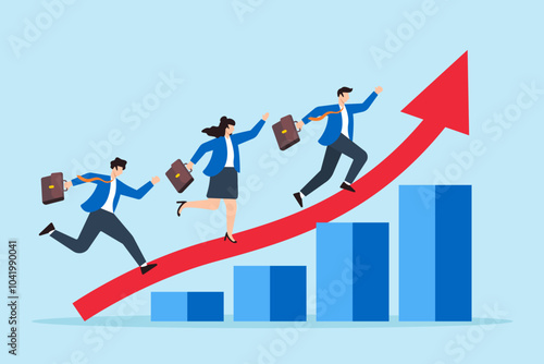 Flat illustration of business people run on growth arrow up chart symbolizing teamwork and career success