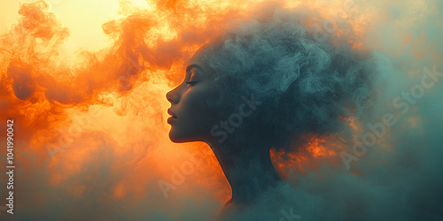 A contemplative silhouette of a woman blends with swirling orange and gray smoke against a teal backdrop, ideal for mental health awareness campaigns and introspective themes.