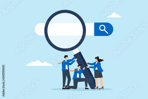 Flat illustration of HR business people hold magnifying glass on search bar discovering job opportunities