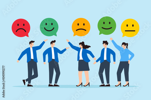 Flat illustration of young adults give emoticon feedback rating user experience and satisfaction with products